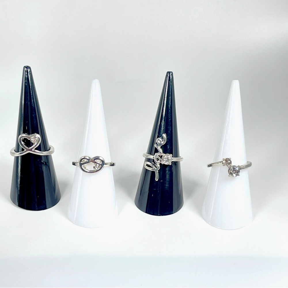 Silver Toned Heart and Love Rings- Set of 4 Rings with Clear Rhinestones